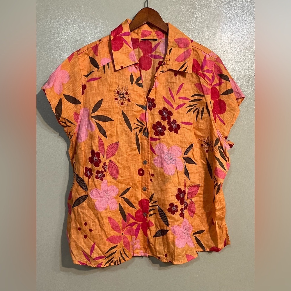 Avenue Womens plus Peach Floral Boho 100% Linen Sequined Button Up Blouse XXL